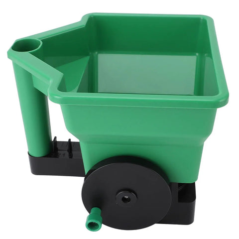 Handheld 3L Manual Lawn Spreader For Fertilizer And Salt, compact green tool with wheels and handle.