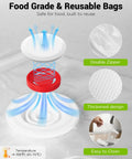 Illustration of Cordless Handheld Food Vacuum Sealer With 30 Reusable Bags showing airflow, double zipper, and easy cleaning features.