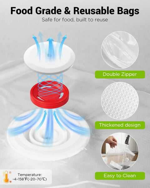 Illustration of Cordless Handheld Food Vacuum Sealer With 30 Reusable Bags showing airflow, double zipper, and easy cleaning features.
