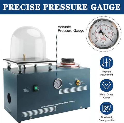 375W Vacuum Casting System With 2L Pump, Precision Gauge, Oil Port, And 11x11 Inch Workbench featuring precise pressure gauge
