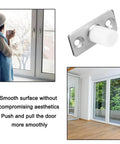 Heavy Duty Nylon Barn Door Rollers Rock Solid Floor Mounted Guide Bracket Bulletproof Metal Build Smooth Ride Replacement Fits Glass Aluminum Tracks No Fuss Install Long Lasting, showing sliding door guide bracket and a person looking out a window.