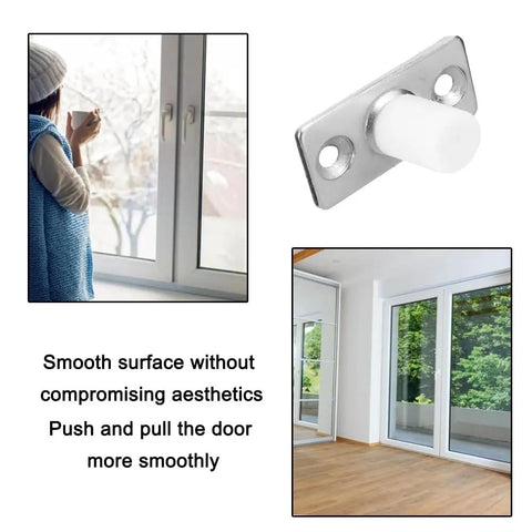 Heavy Duty Nylon Barn Door Rollers Rock Solid Floor Mounted Guide Bracket Bulletproof Metal Build Smooth Ride Replacement Fits Glass Aluminum Tracks No Fuss Install Long Lasting, showing sliding door guide bracket and a person looking out a window.