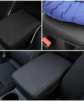 Leather Center Console Armrest Cover For Mazda CX-5 2017-2025 in use, black leather cover on SUV interior armrest.