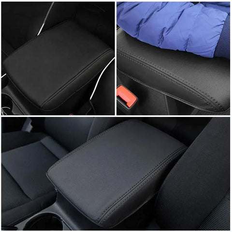 Leather Center Console Armrest Cover For Mazda CX-5 2017-2025 in use, black leather cover on SUV interior armrest.