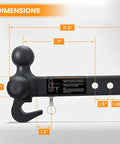 360 Degree Swivel Tri-Ball Trailer Hitch Mount For 2 Inch Receiver With Hook And Pin No-Fuss Ball Mount Adjustment Without Disassembly Heavy Duty Tow Accessory For Easier Towing And Versatile Fits dimensions diagram, black steel, 1-7/8, 2, 2-5/16 in