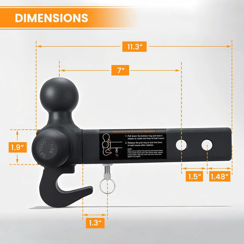 360 Degree Swivel Tri-Ball Trailer Hitch Mount For 2 Inch Receiver With Hook And Pin No-Fuss Ball Mount Adjustment Without Disassembly Heavy Duty Tow Accessory For Easier Towing And Versatile Fits dimensions diagram, black steel, 1-7/8, 2, 2-5/16 in