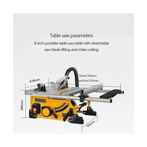 Professional Eight Inch Dust Free Wood Circular Saw Packs Badass 1500W Power For Slicing Through Lumber Fast While Keeping Your Workbench Totally Dust Free, showing table saw parameters.
