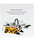 Pro Grade 8 Inch Mini Table Saw Harnesses A Beefy 1500W Motor To Knock Out Precise Wood And Metal Cuts With Minimal Dust And Blazing Speed multi function benchtop circular saw with measurements.