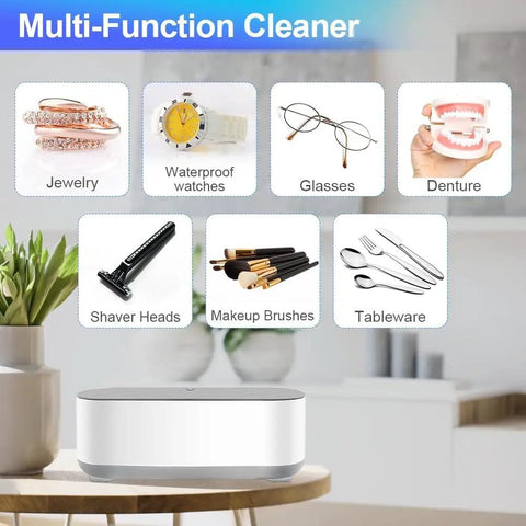 Pro-Grade Ultrasonic Jewelry Cleaner With 45kHz Power, 360-Degree Deep Cleaning shown with various items like jewelry and dentures