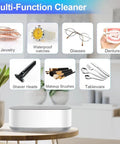 Multi-function cleaner for jewelry, glasses, dentures, and tableware on a wooden table, emphasizing versatility and convenience.