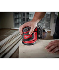 Kickass Five Inch Random Orbit Sander Bare Tool With Quick Variable Speed Dial And Smooth Finishing Muscle Plus Premium Heavy Duty Rolling Cart For Pro Shop Storage And Woodworking Builds, used on wood surface by hand.