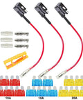 3 Pack Premium Acu Add-A-Circuit Fuse Tap Piggyback Blade Fuse Holder Kit With 16 Awg Wire Harness shows blade fuses and connectors.