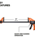 Speed-Klamp 12 Inch Bar Clamp Set, 2 Pack With One Handed Operation, 150 Pound Clamping Force for woodworking, side view