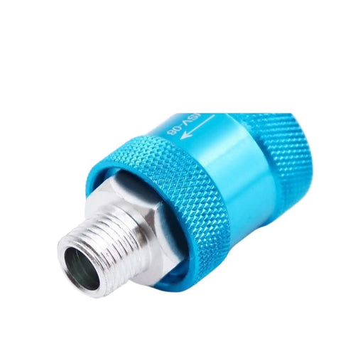 Heavy Duty Hand Slide Valve Mechanical Pneumatic Switch For Air Tools and Industrial Equipment Manual Control Flow Filter Component HSV 10 close-up view of blue metal valve connector.