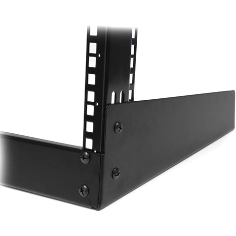 Close-up of the heavy-duty steel base of the Top Shelf 12U Two Post Desktop Open Frame Rack for 19 Inch Networking and IT Gear.