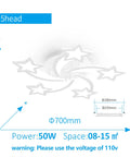 Diagram of LED Modern Ceiling Light Fixture With 5 Heads Flush Mount Dimmable Chandelier showing dimensions and power.
