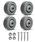 Heavy Duty Rubber Caster Wheels Set Of Four With 1000 Pound Capacity Non Marking Industrial Grade Replacement Casters For Cart Dolly Trolley Hella Smooth Rolling Performance, featuring grey rubber wheels and mounting hardware.