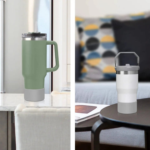 Two Pack Silicone Boot Protective Sleeve For 40 Oz And 30 Oz Tumblers displayed in kitchen and living room settings.