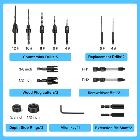 Woodworking Countersink Drill Bit Set, 16 Piece High Speed Steel Bits For Wood, Tapered Drill Bits And Countersink Bits with accessories