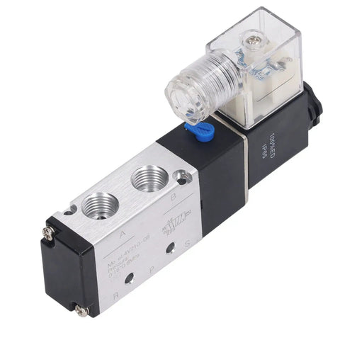 Internally Piloted 5 Way 2 Position Pneumatic Solenoid Valve, DC 12V Control For Reversing Air Flow In Industrial Automation And Fluid Power Systems
