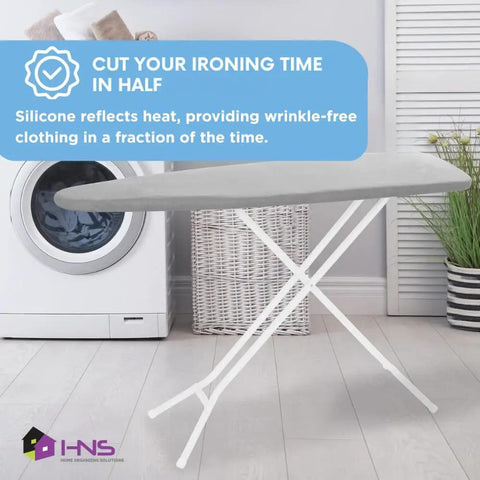 Silicone Coated Ironing Board Cover With Thick Padding And Straps Fits All Sizes, gray cover on white board, in laundry room