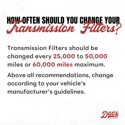 Image that explains transmission filter change interval recommendations by Doc's Diesel.