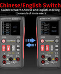 All In One Thermal Imaging And Digital Multimeter For Electricians And HVAC Pros, 96 By 96 IR Resolution, VOx Sensor, 50m Range, Displaying Chinese and English language options on two separate screens