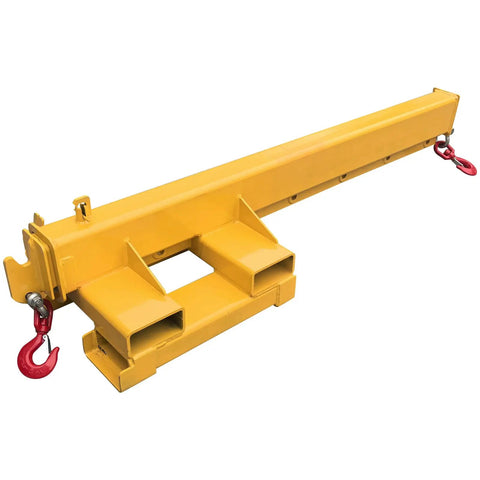 Industrial Grade 5 Ton Forklift Telescopic Bidirectional Jib Boom With Slick Two Way Pivot, yellow crane attachment with hooks.