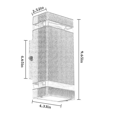 Diagram of Porch Light With Dusk To Dawn Sensor For Outdoors, Square Up And Down Exterior Wall Sconce, dimensions shown.