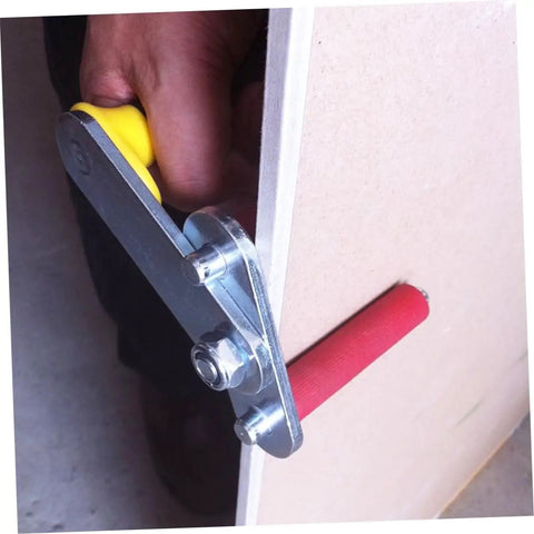 Close-up of adjustable drywall hoist grip with yellow handle, used for plasterboard and glass panels, job site essential.