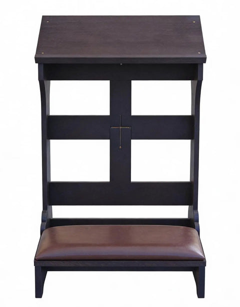Front view of solid pine wood prayer bench kneeler with cushioned seat for home and church use, featuring durable build and cross accent.