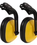 Top Tier Industrial Noise Cancelling Hard Hat Ear Muffs Built Tough For Heavy Duty Construction, yellow and black, adjustable band.