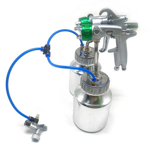 Pro Grade Pressure Feed Spray Gun With Dual Nozzles For Silky Smooth Coatings And Crisp Edge Lines Features A Durable 1.3 Mm Bore and dual pots.