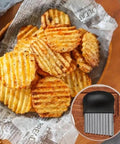 Crinkle cutter knife; basket of crinkle-cut potatoes with an inset of a black-handled stainless steel blade.