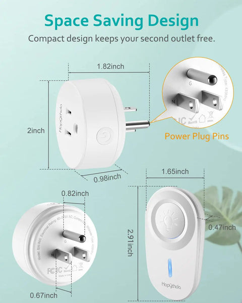 Two Pack Wireless Remote Control Outlet Plugs No Wiring Needed Remote Light Switch Kit dimensions and design features
