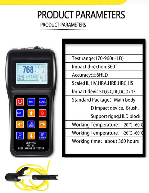 Pro Grade Leeb Hardness Tester Meter 170 To 960 HLD for Metals Durometer Tester With HL HB HRB HRC HRA HV HS Scales Includes Standard D Type Impact Device And D Test Block For Steel Iron Bronze Copper And 10 Materials, handheld unit