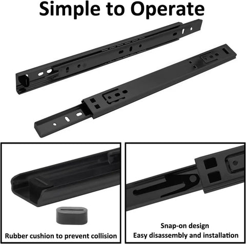 Top Shelf Heavy Duty Black Drawer Slides Pair Full Extension Smooth Glide Runners for Filing Cabinets and Workstations showing rubber cushion and snap-on design.