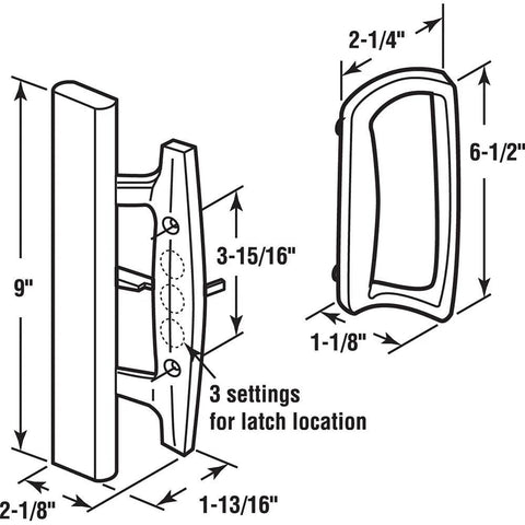 Sliding Glass Door Handle Set C 1131 in Black Diecast for Mortise Hook Style Doors Fits 3 15 Sixteenths Inch Hole Spacing diagram