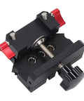 No Sweat Self Centering Dowel Jig Kit For Woodworking And Flat Pack Furniture Built Tough From Aircraft Grade Aluminum showing clamp.