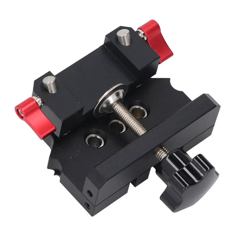 No Sweat Self Centering Dowel Jig Kit For Woodworking And Flat Pack Furniture Built Tough From Aircraft Grade Aluminum showing clamp.