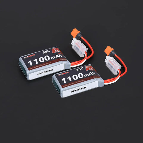 Two Beefy 2S 1100mAh LiPo Batteries with EC2 Female to IC2 Male Plug on black background
