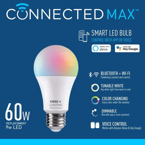 Smart A19 LED Bulb 60W Equivalent Tunable White And Color Changing 2.4 GHz WiFi Bluetooth No Hub Required Works With Alexa