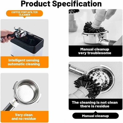 Electric Portafilter Cleaner And Knock Box Offers Hella Easy Cleanup For Home Baristas Quick Grounds Removal Covers 51mm And 58mm Ports, showing automatic cleaning with barista tools.