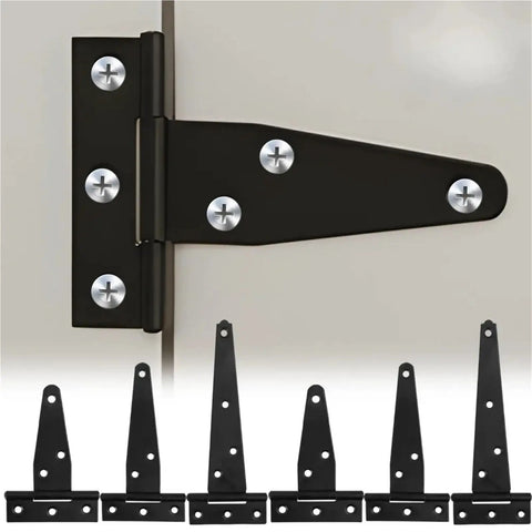 Heavy Duty Black T Strap Hinges For Gates And Doors With Quiet Soft Close Dampers, rustproof stainless steel, close-up view.
