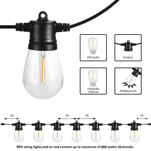 96Ft Outdoor String Lights With 32 LED Shatterproof Bulbs for Patio showing single bulb close-up and connection schematic