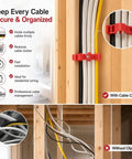 Premium Cable Staples Set 100 Count Insulated Nails Secure NM Wire Coax Cat 5 And Data Lines Safe Fast Install For Drywall Wood Brick Home Theater Setup with organized cables using clips on wooden frame.