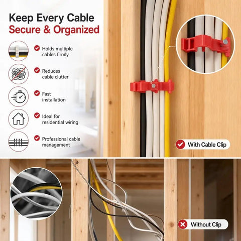 Premium Cable Staples Set 100 Count Insulated Nails Secure NM Wire Coax Cat 5 And Data Lines Safe Fast Install For Drywall Wood Brick Home Theater Setup with organized cables using clips on wooden frame.