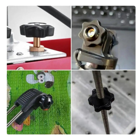 Heavy Duty T Track Knob Kit With Galvanized Screws Quarter Twenty Threads Three Inches Long Black Hex Nuts And Galvanized Flat Washers Quarter Inch Six Pack For Woodworking Jigs Router Tables And T Track Systems in various setups and angles showcasing usage