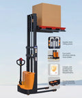 Battery Powered Electric Pallet Stacker Truck With Walk Behind Hydraulic Lift, showcasing a lifted box and stable design.