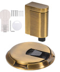 Heavy Duty Mechanical Door Stopper With Adhesive Or Screw Mount Adjustable Zinc Alloy Windproof Floor Catch For Garage Gates And Home Security Easy Push Lock System in antique brass finish with installation hardware.